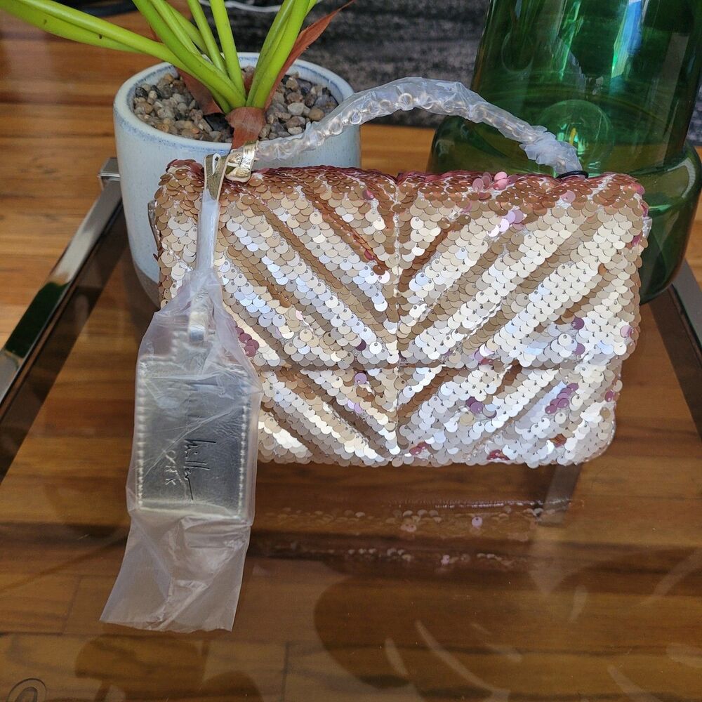Nicole Miller Gold Quilted Sequin Mini Bag with Chain Strap Purse Crossbody NWT - Picture 5 of 10